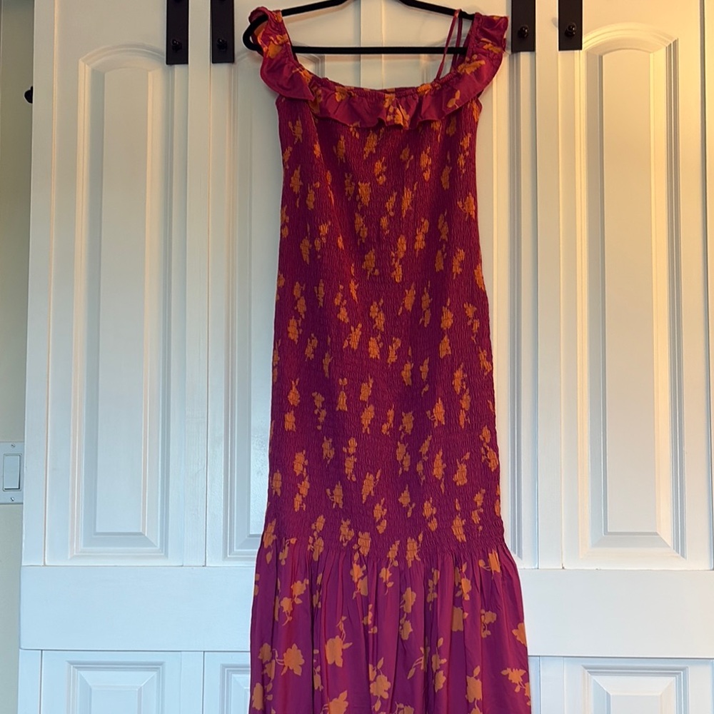 Anthropologie purple and orange Ruched Tiered Sundress